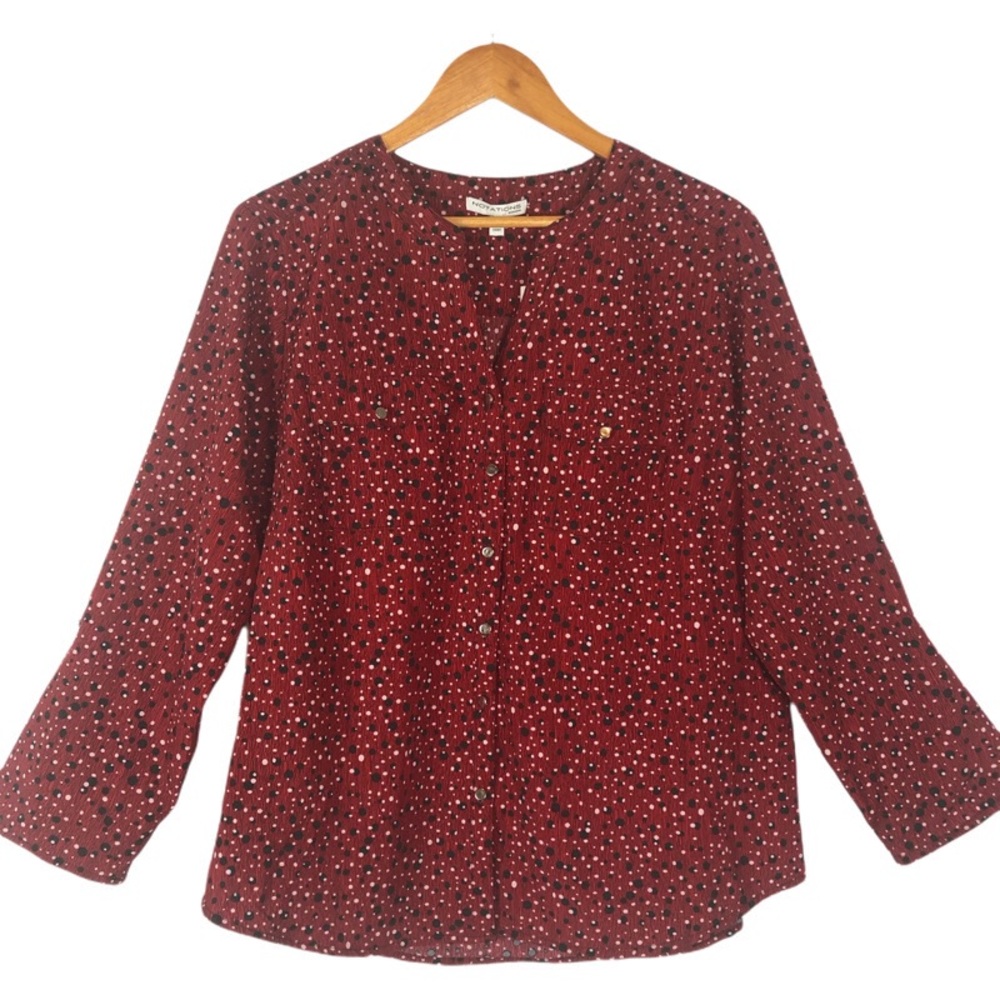 🛍NWT* Notations Women's 3/4 Sleeve Red Multi Dot Button Down Top
